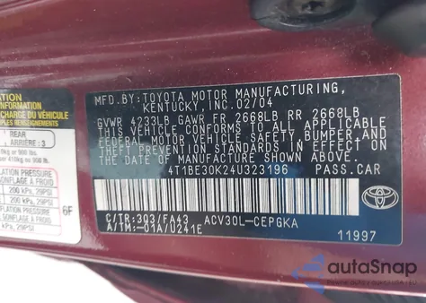 2004 Toyota Camry Xle from USA, damaged, VIN 4T1BE30K24U323196